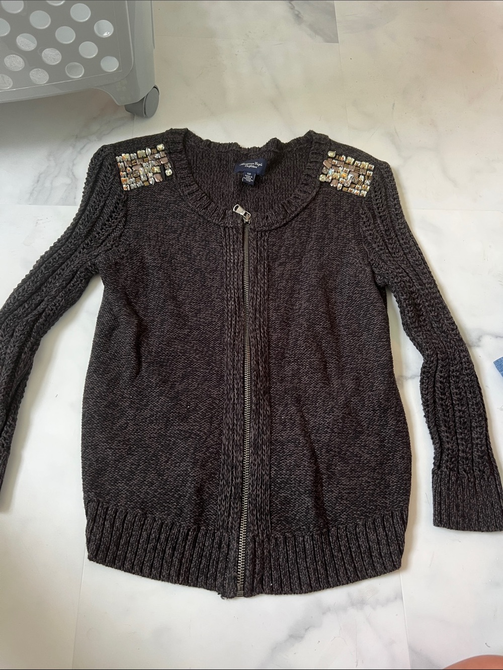 Embellished Shoulder Zip Front Knit Cardigan - Dark Gray